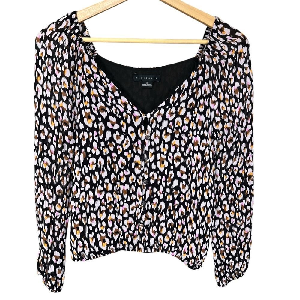 Sanctuary Button Down Women’s Blouse Black Pink Animal Print Size Small
